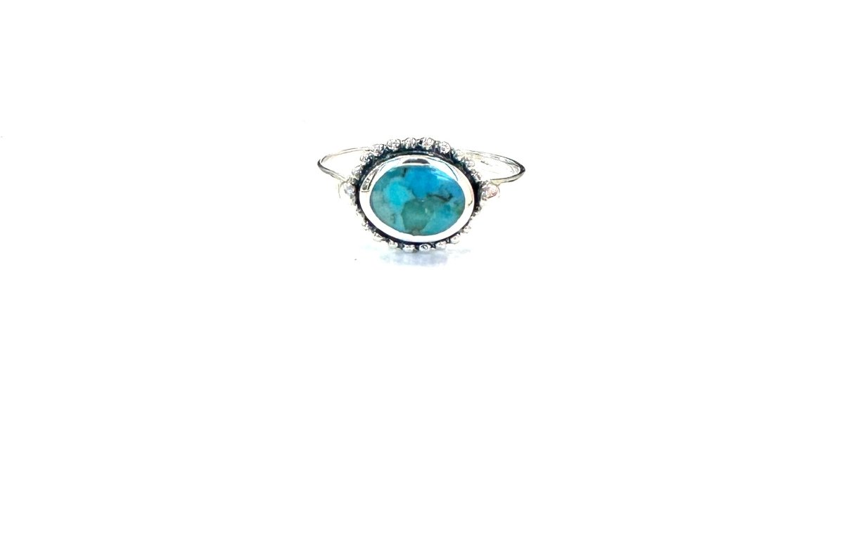 Sterling Ring-Turq Oval with Ball Border