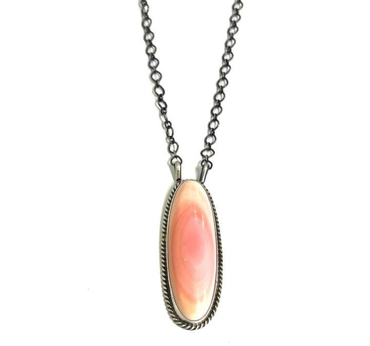 Sterling and Pink Conch FV Long Oval Pendant Necklace