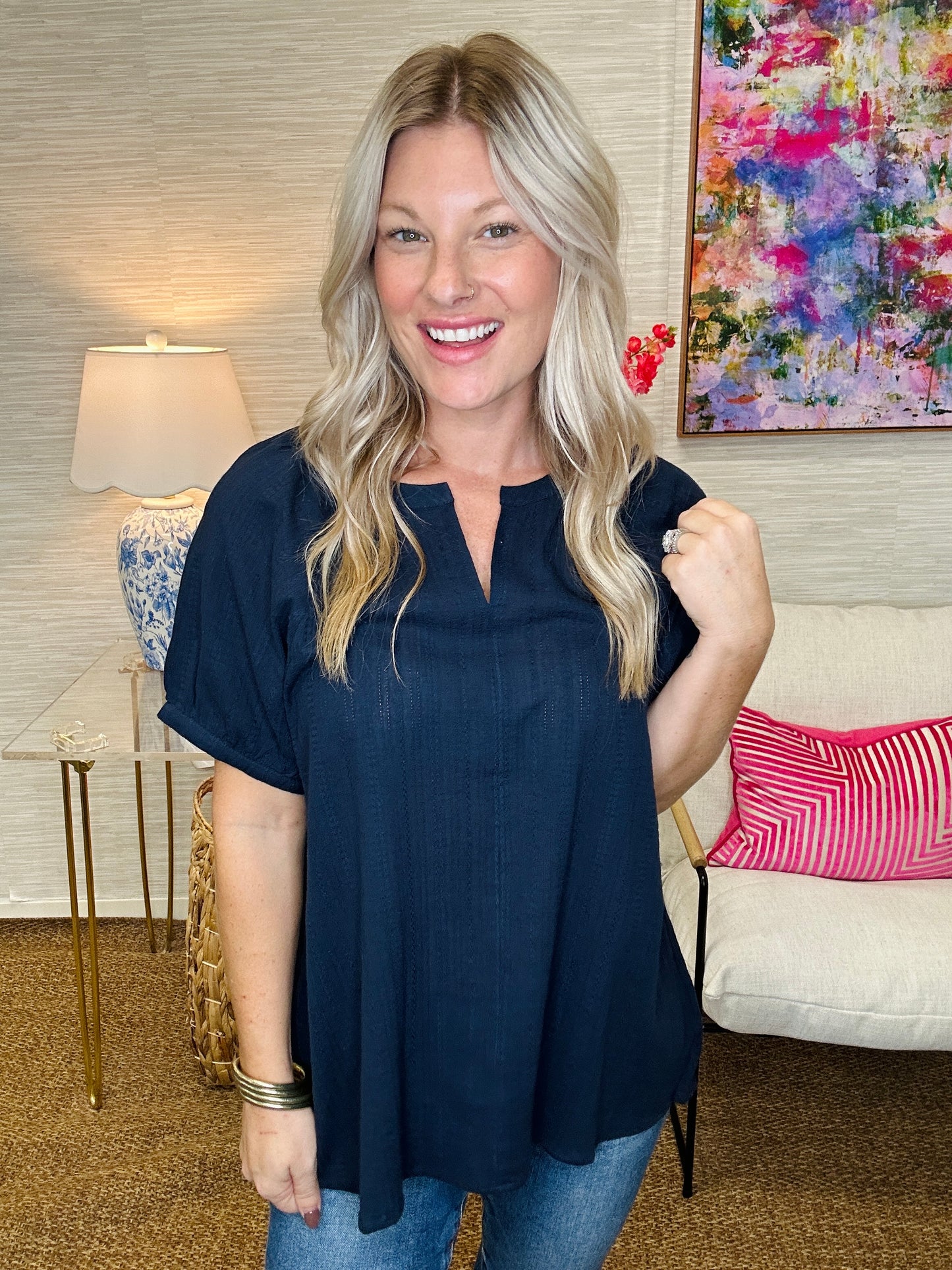 The Navy Bubble Sleeve Top