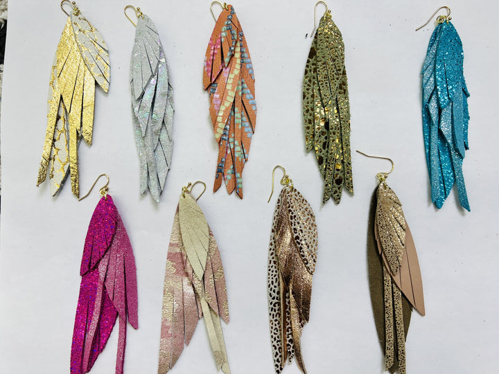 The Quad Fringe Feather Leather Earrings - 9 Colors