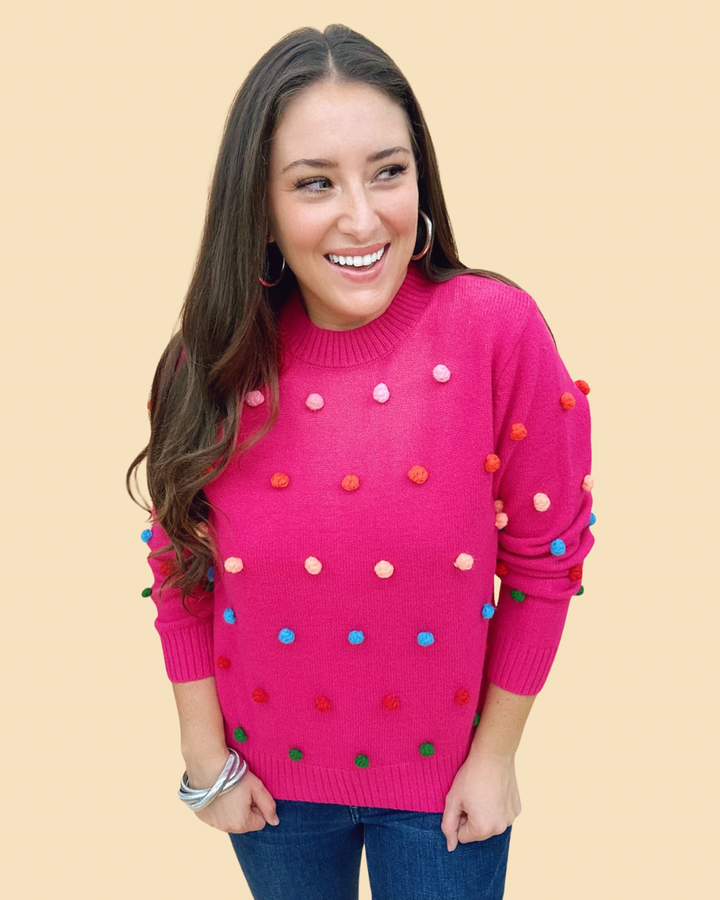 The Pom Party Sweater in Hot Pink