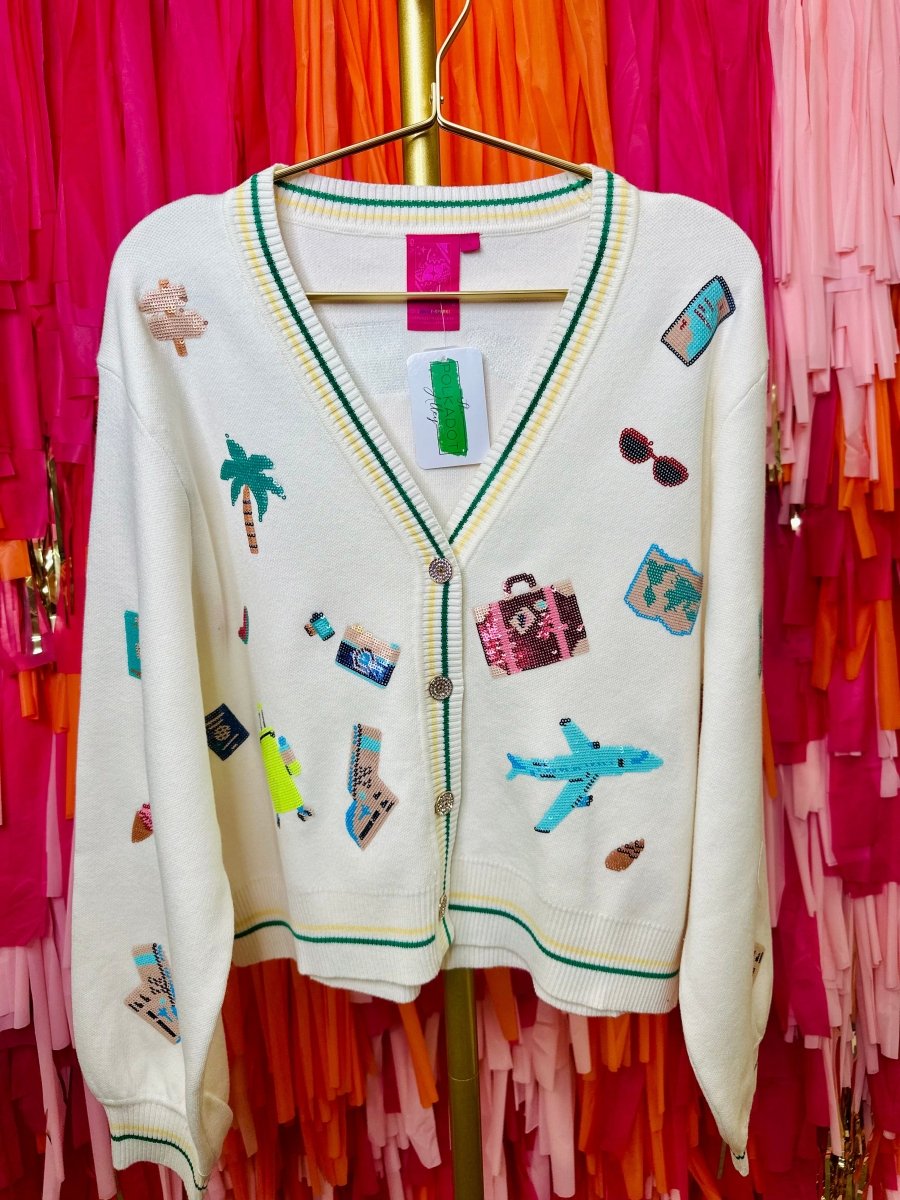 QOS Ivory Travel Icon Button Up Cardigan