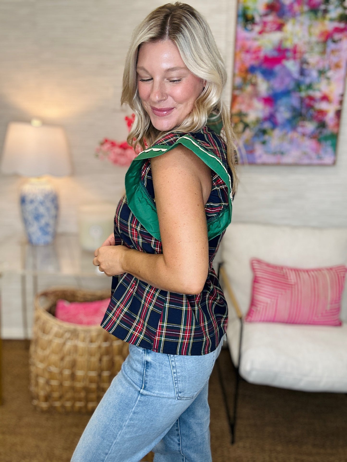The TX Plaid Top in Navy-AS