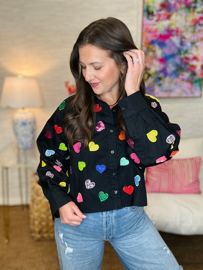 QOS Black Multi Rhinestone Heart Button Up