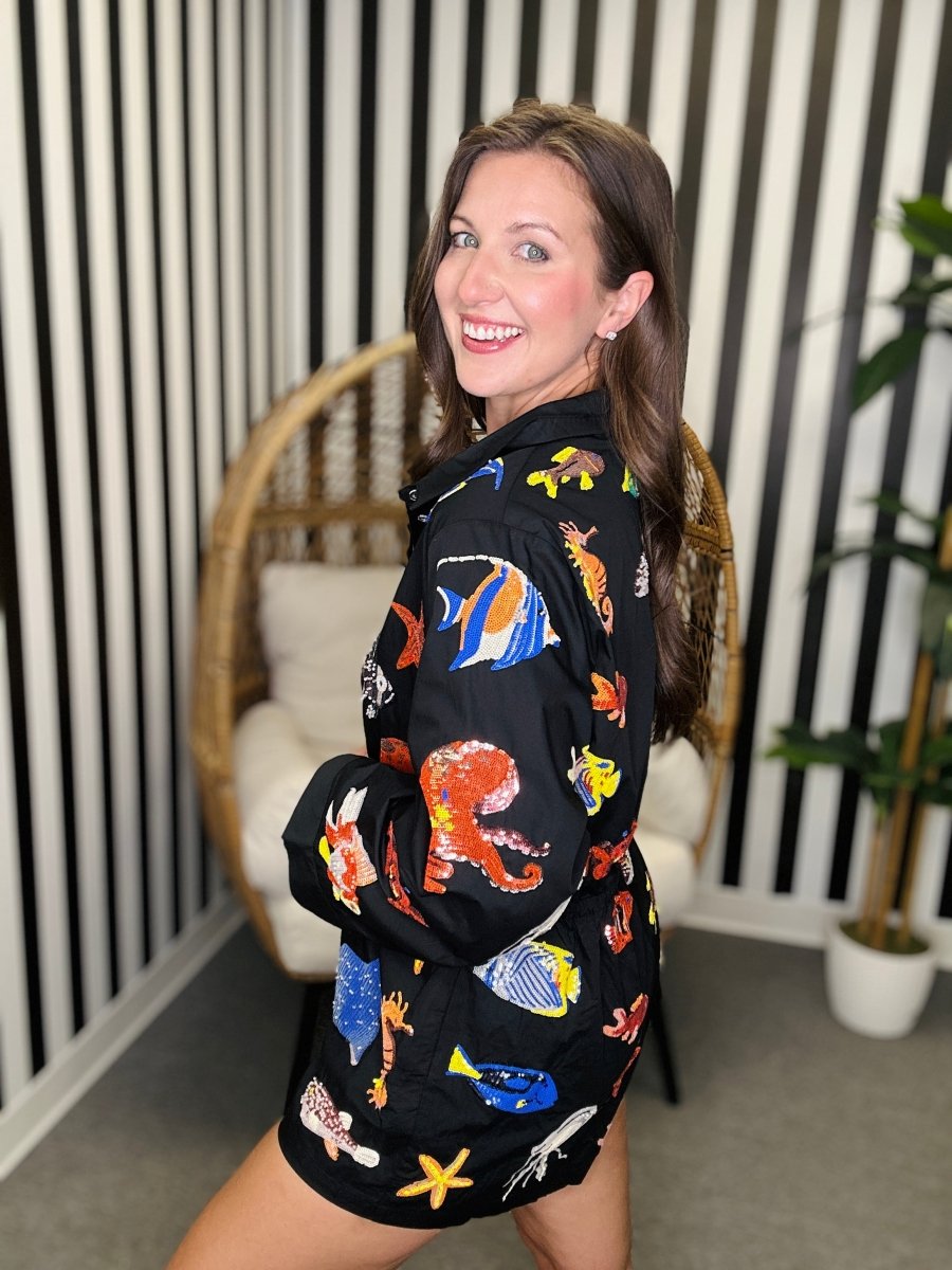 QOS Black Under the Sea Button Romper