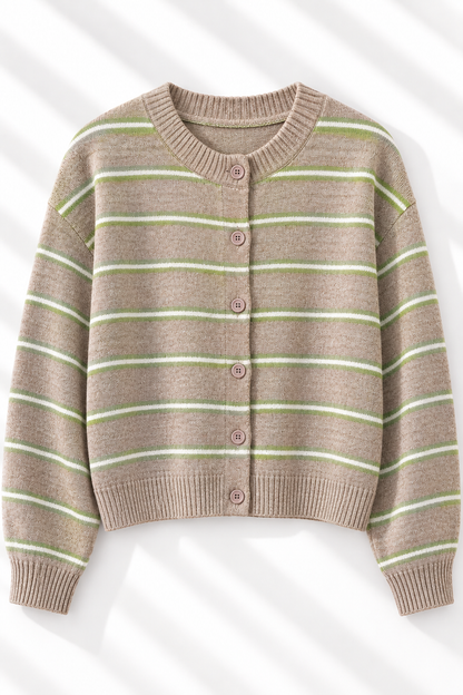 A cropped knit cardigan sweater with horizontal stripes in sage green and light blue on a taupe-brown base, featuring a round neckline, front button closure, and ribbed cuffs and hem.