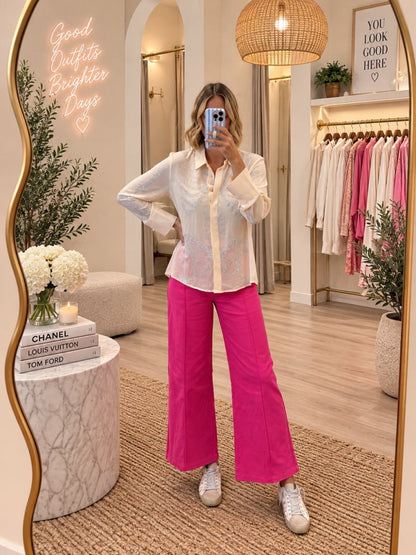 QOS Beige Silk Rhinestone Skeleton Button Down Top