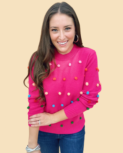 The Pom Party Sweater in Hot Pink