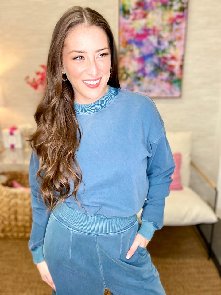 The Sabrina Split Pullover in Dream Blue