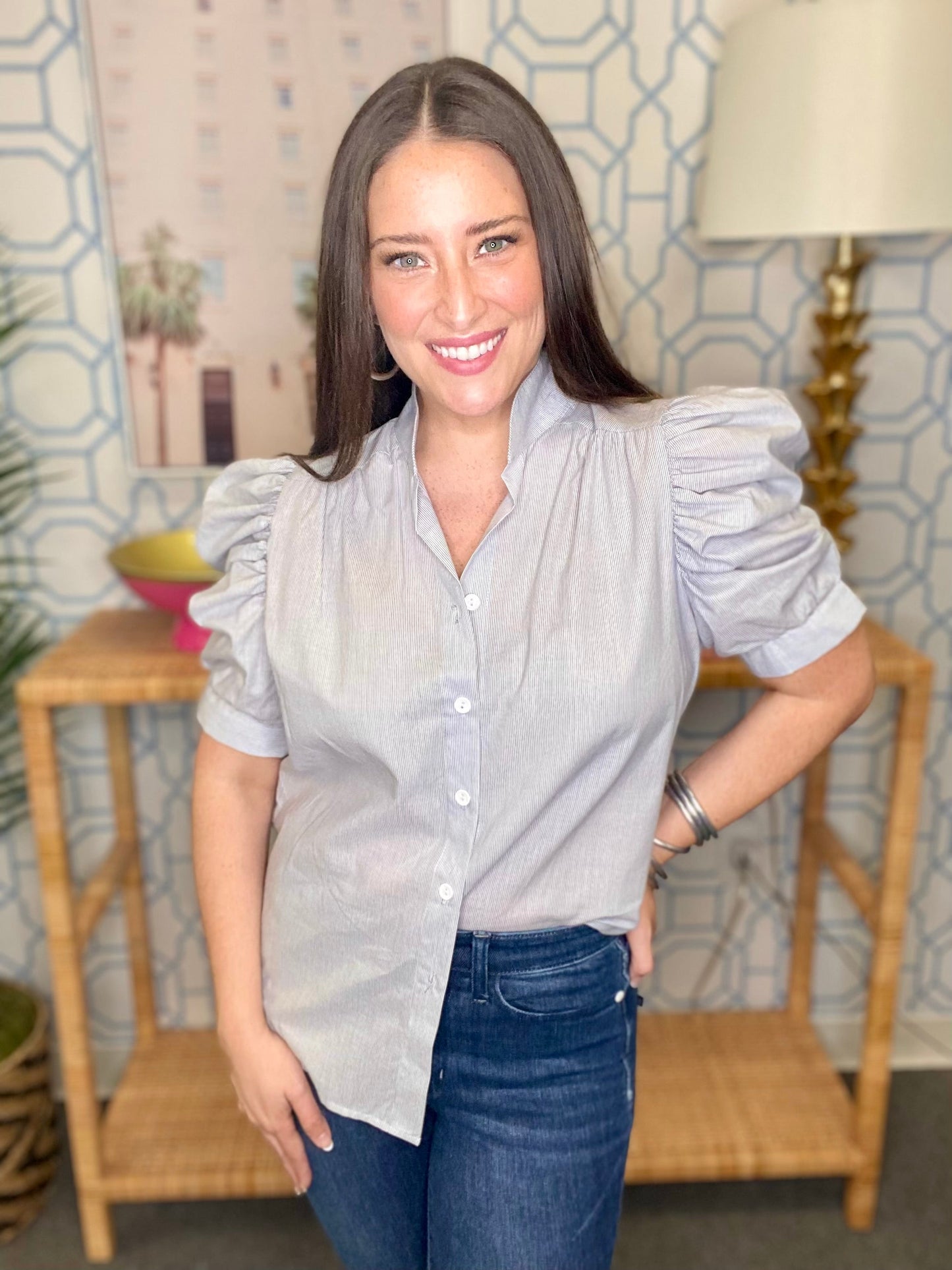 The Navy Pinstripe Adia Top-AS