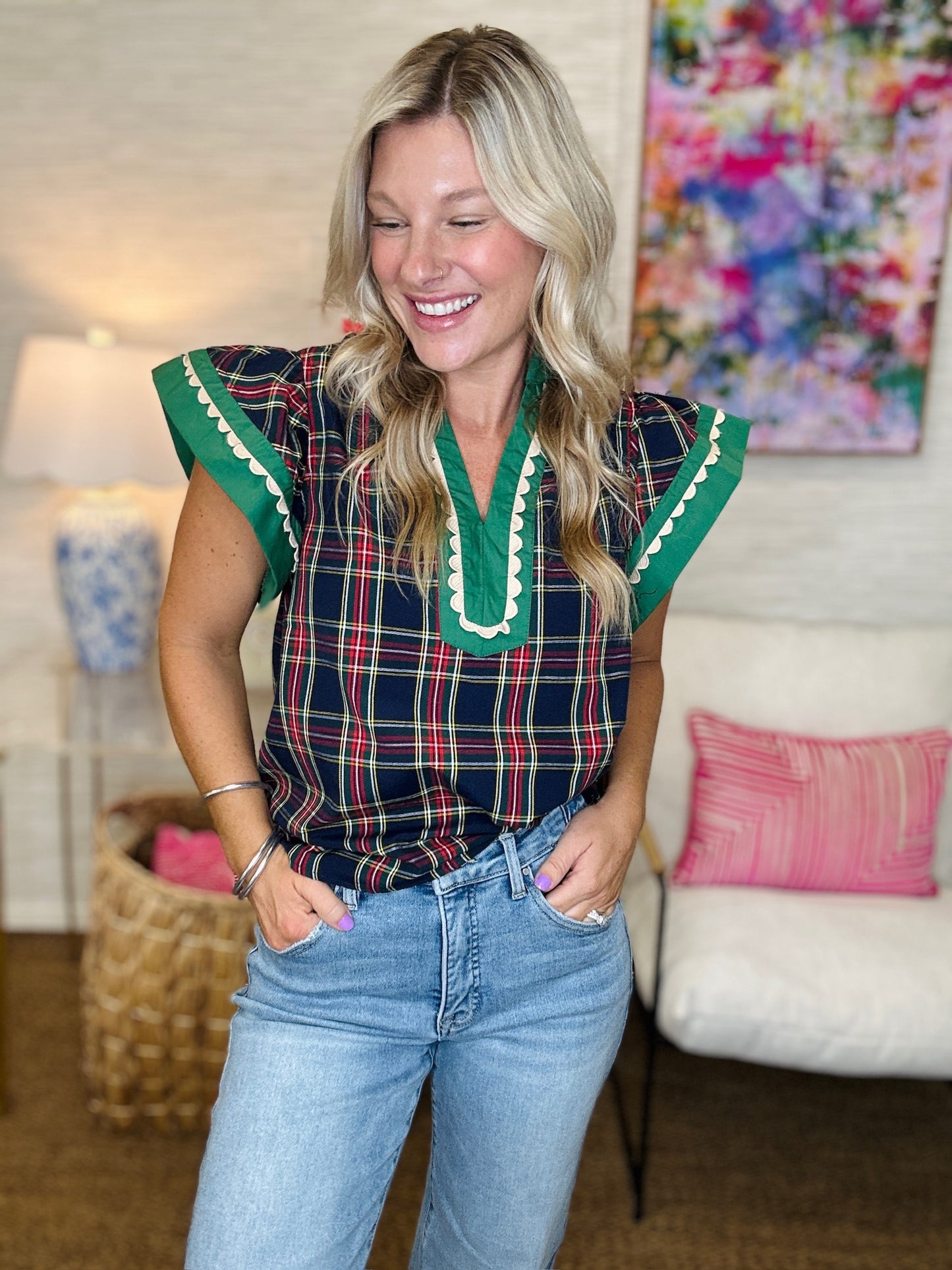 The TX Plaid Top in Navy-AS