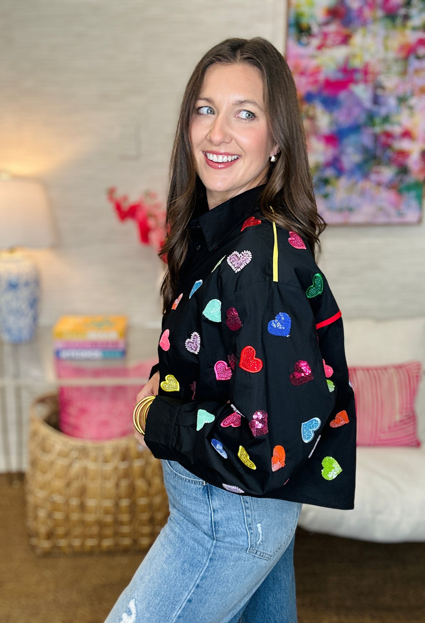 QOS Black Multi Rhinestone Heart Button Up