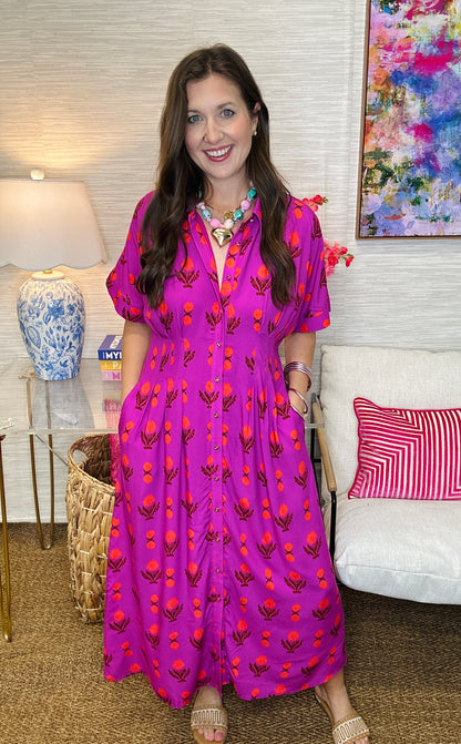 The Pleated Midi in Magenta