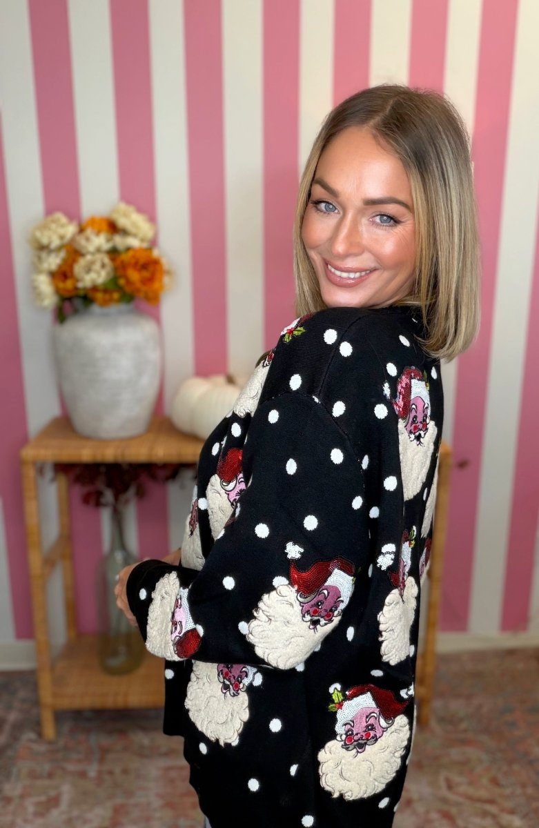 QOS Black & White Polka Dot Scattered Santa Sweater
