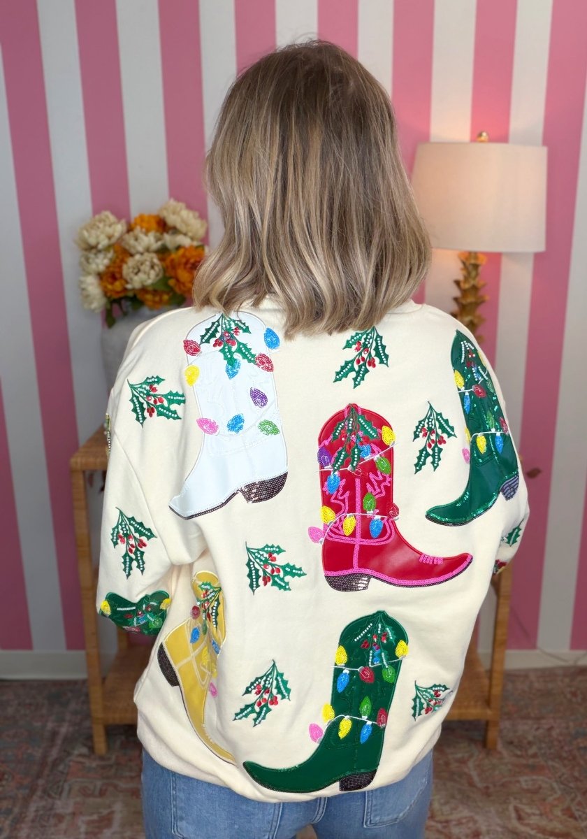 QOS Beige Multi Christmas Cowboy Boots Sweatshirt