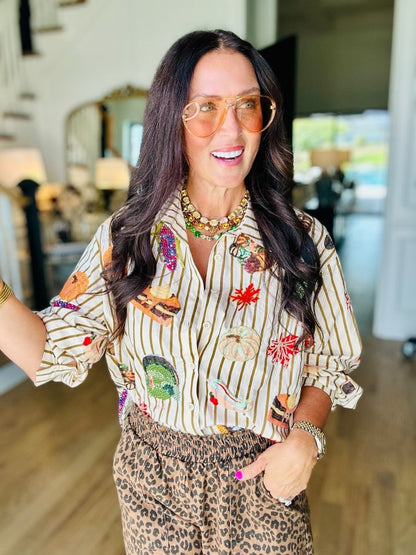 QOS Beige Striped Thanksgiving Icon Cotton Button Up Top