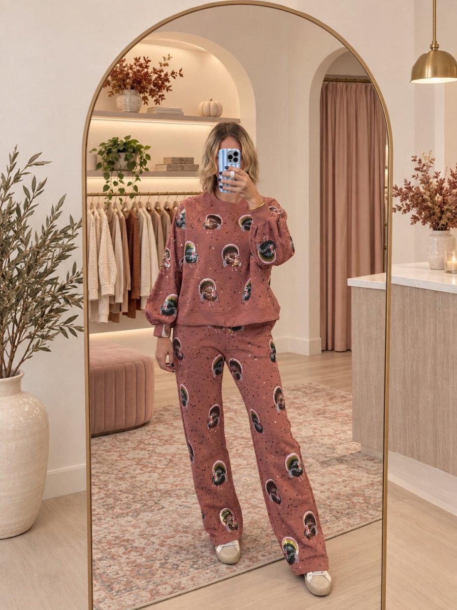 QOS Rust Rhinestone Scattered Turkey Sweatpants