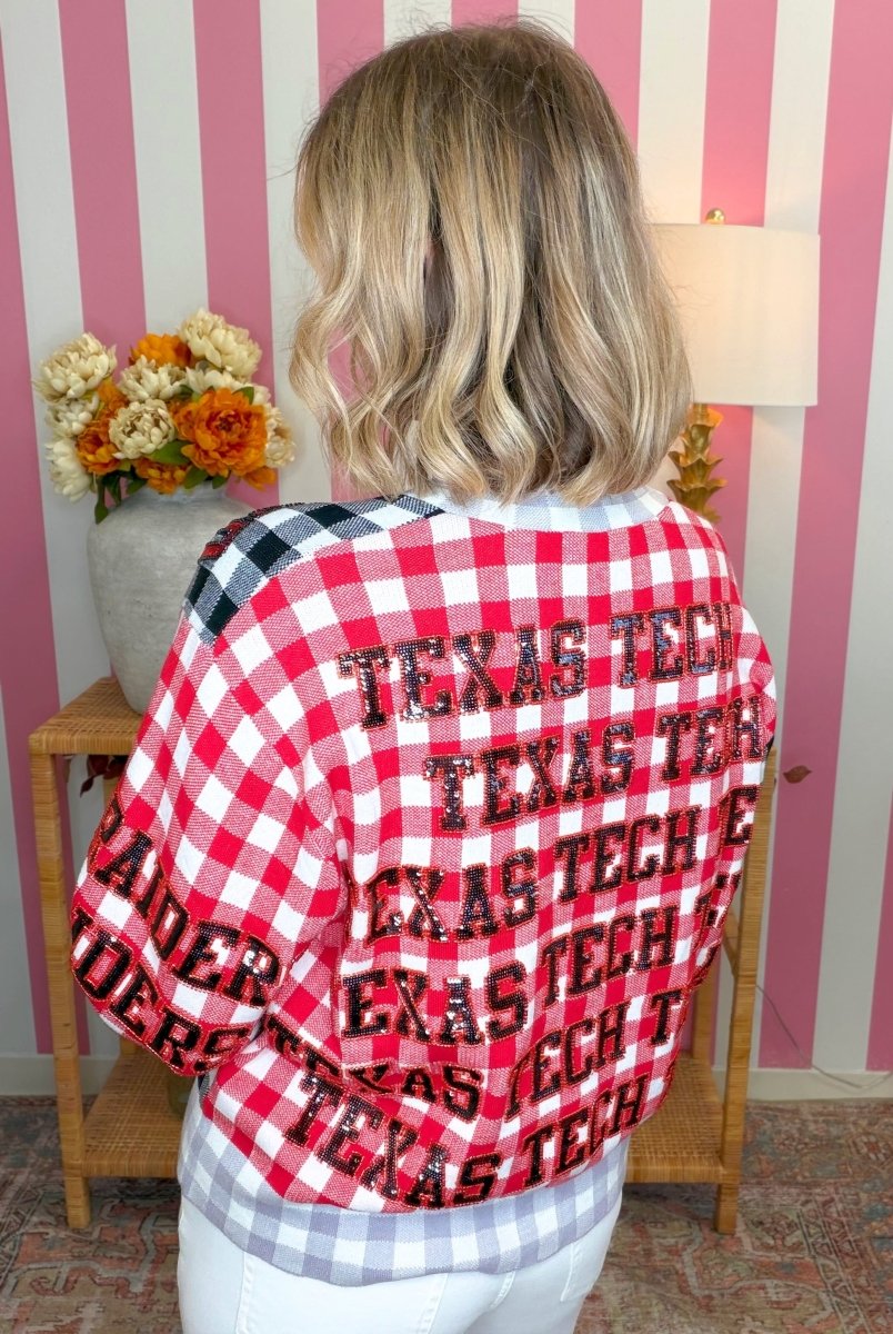 QOS Texas Tech Gingham Sequin Beaded Words Cardigan