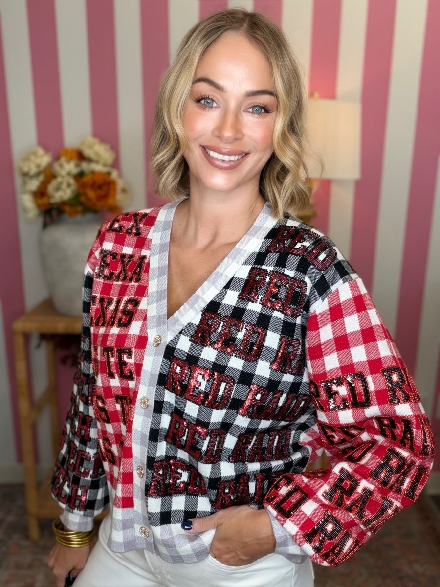 QOS Texas Tech Gingham Sequin Beaded Words Cardigan