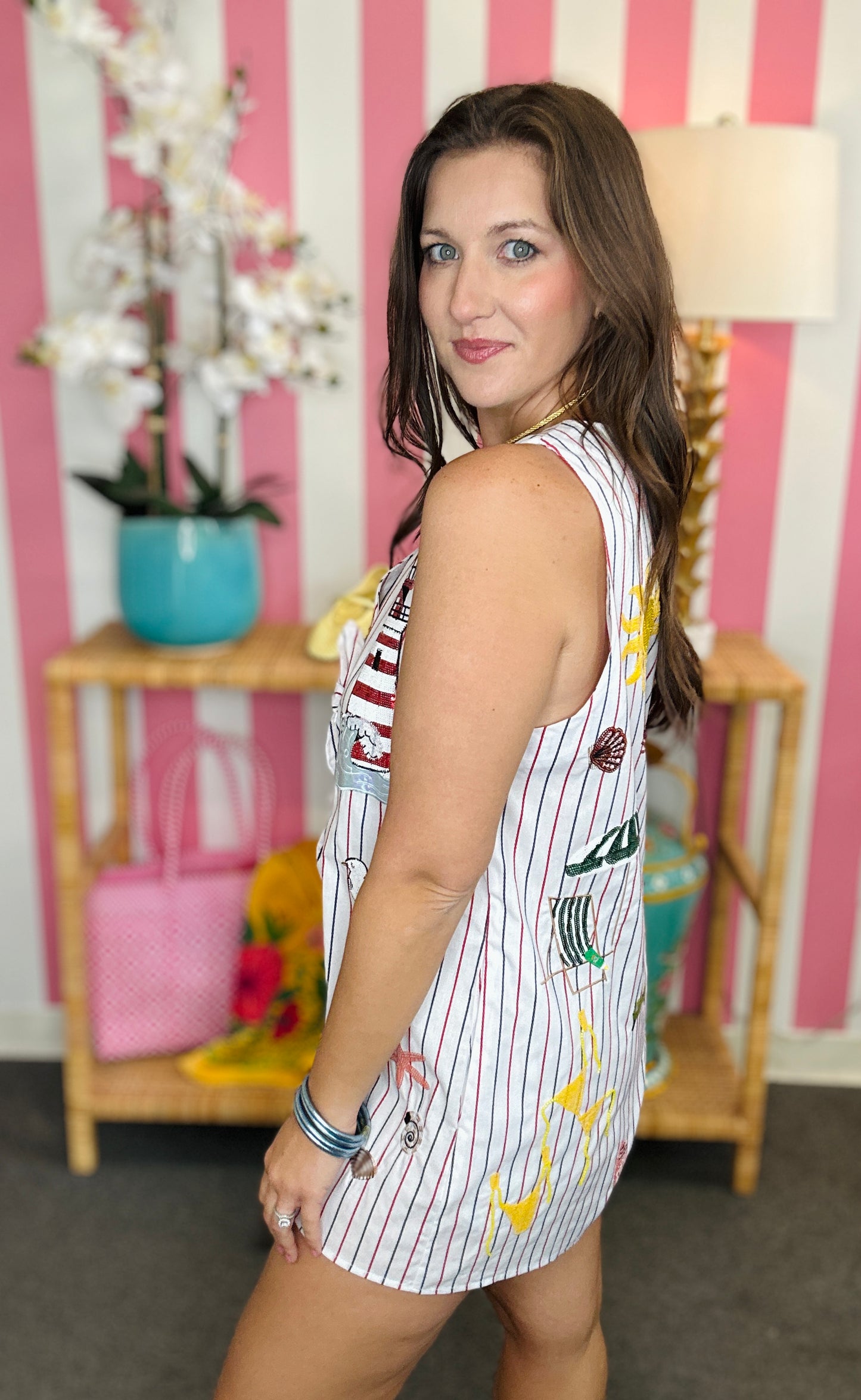 QOS Multi Striped Beach Icon Tie Cotton Romper