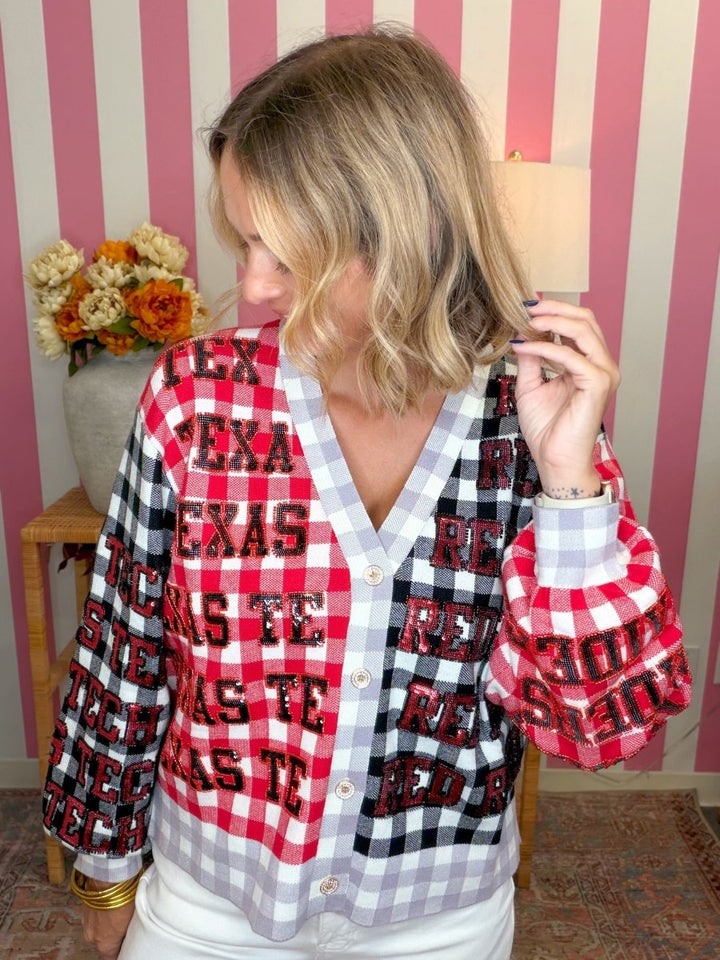 QOS Texas Tech Gingham Sequin Beaded Words Cardigan