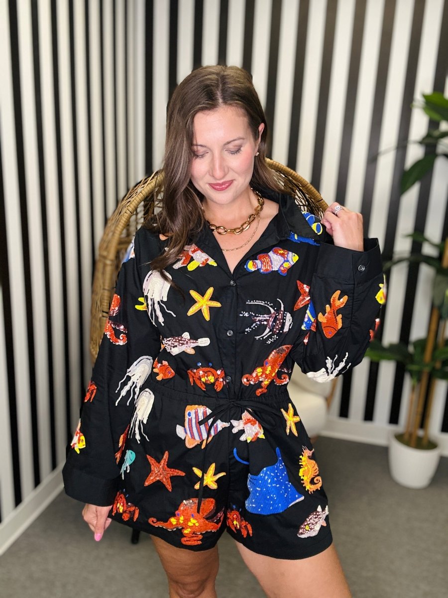 QOS Black Under the Sea Button Romper