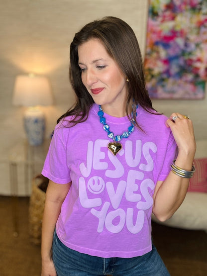 Smiley Jesus Loves You Puff Cropped Tee