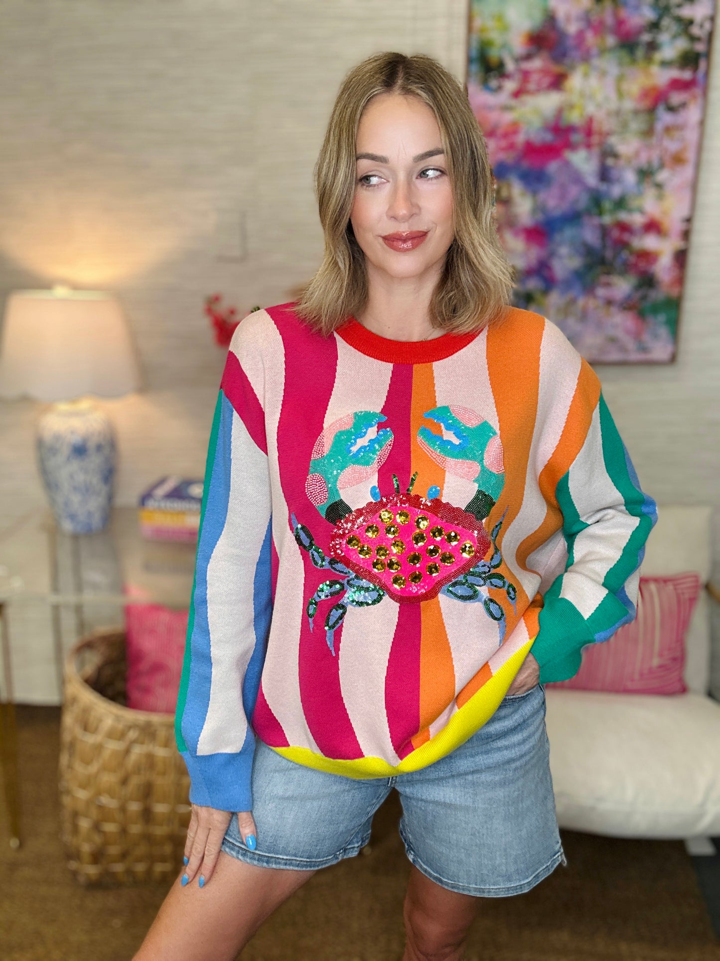 QOS Multi Colorblock Stripe Crab Knit Sweater