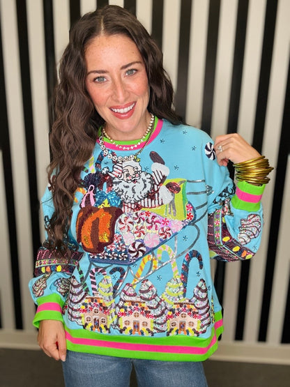 QOS Aqua Vintage Santa Gingerbread House Sweatshirt