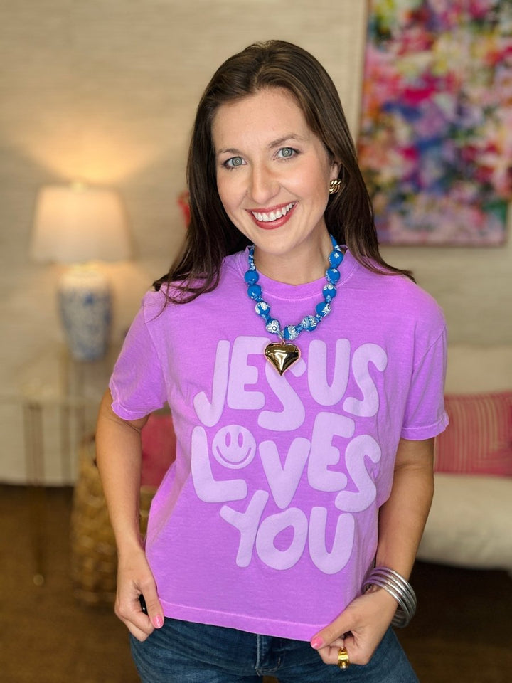 Smiley Jesus Loves You Puff Cropped Tee
