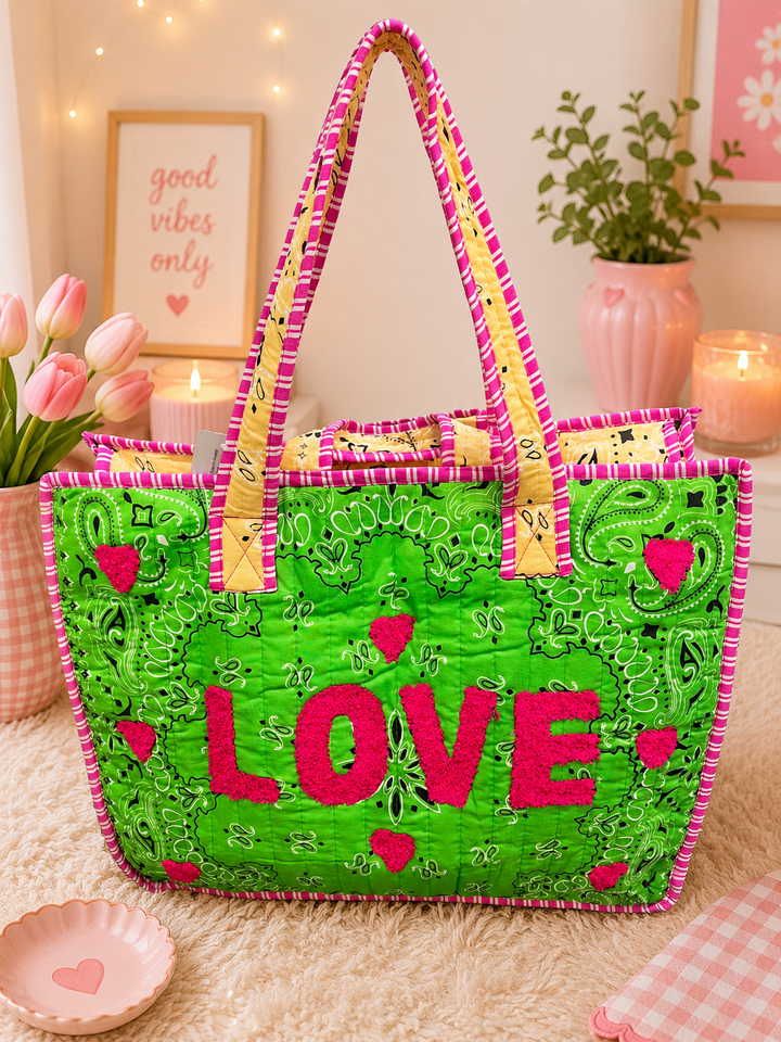 The Quilted LOVE Tote in Green