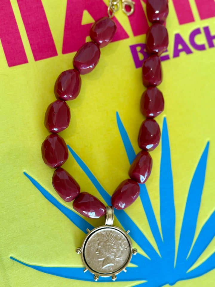 Yochi Red Bead Necklace with Liberty Coin