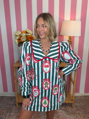 QOS Green Striped Christmas Wallpaper Collar Cotton Dress