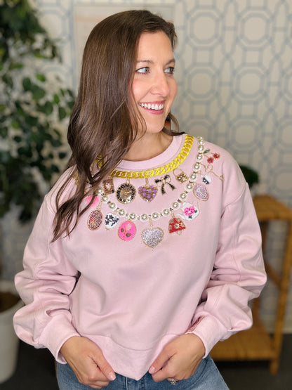 QOS Pale Pink Pearl & Chain VDay Charm Necklace Sweatshirt