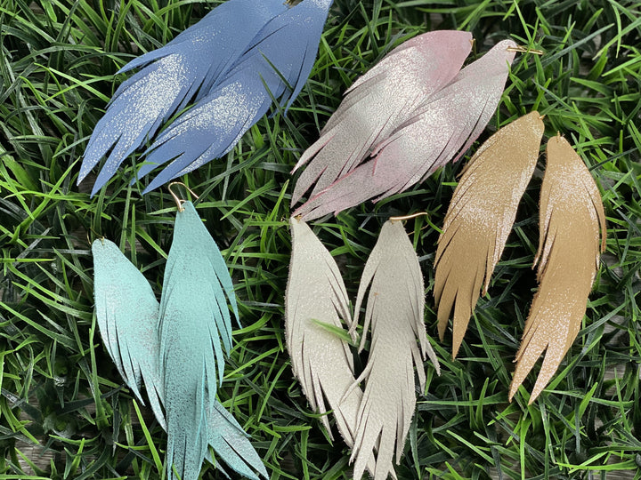 Foiled Long Feather Leather Earrings
