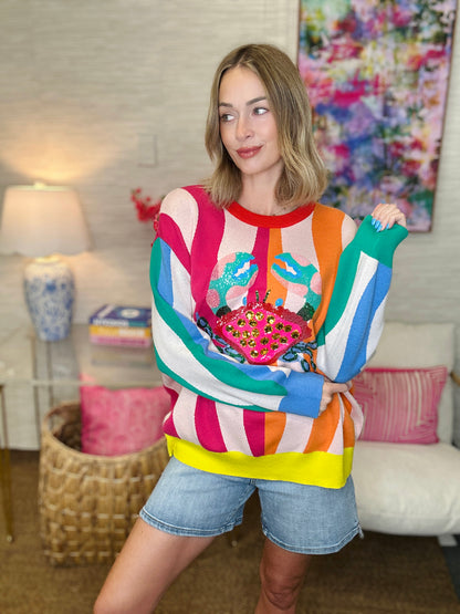 QOS Multi Colorblock Stripe Crab Knit Sweater