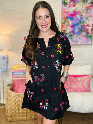QOS Black XOXO Tic Tac Toe Cotton Button Up Dress