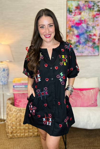 QOS Black XOXO Tic Tac Toe Cotton Button Up Dress
