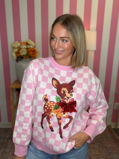 QOS Pink & White Checkered Reindeer Sweater
