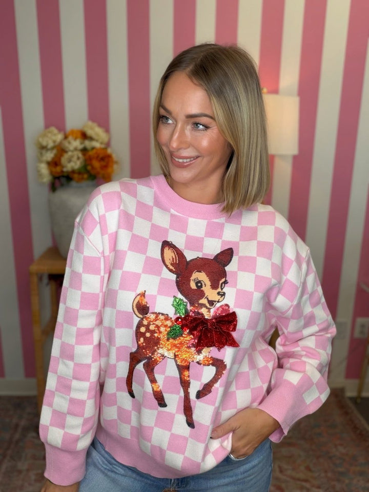 QOS Pink & White Checkered Reindeer Sweater