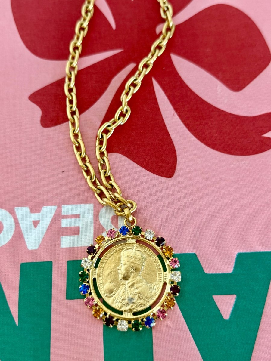 Yochi Chain Necklace with Multi Stone George Coin