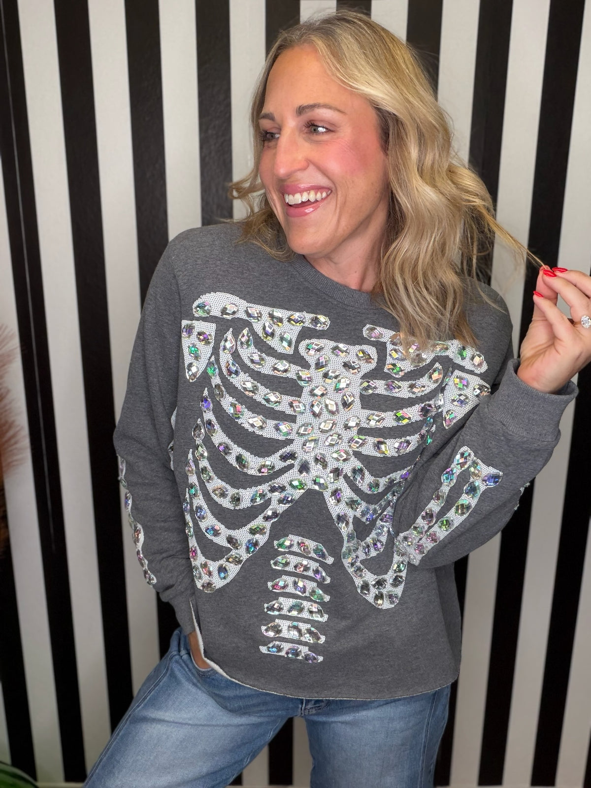 QOS Charcoal Iridescent Jeweled Skeleton Sweatshirt