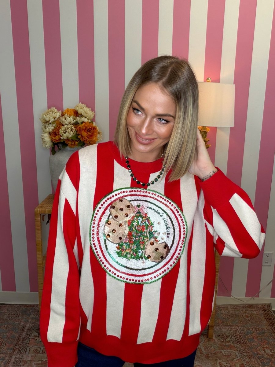 QOS Red & White Striped Cookies on Plate Sweater