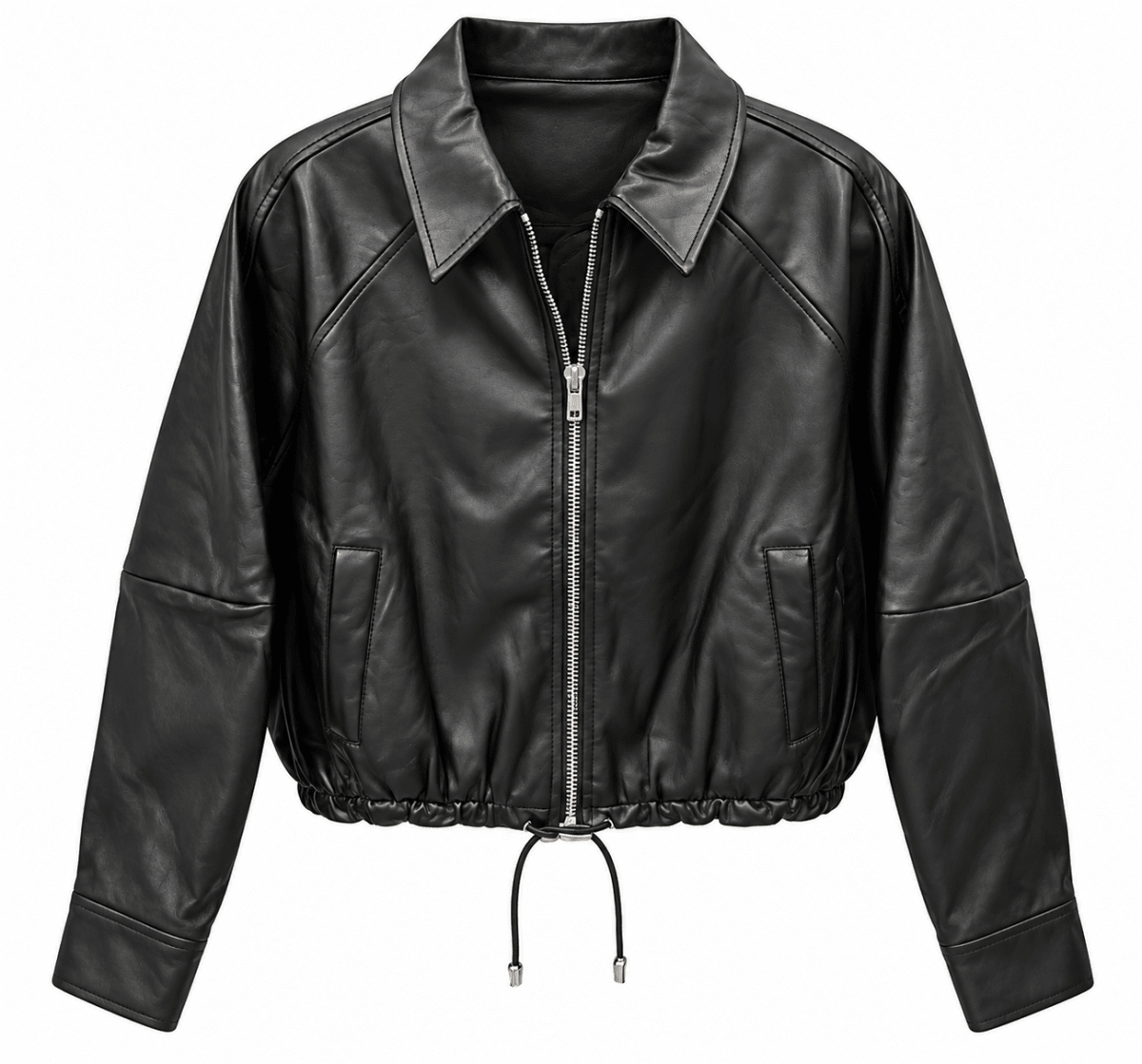 A black faux leather cropped jacket with a silver front zipper, pointed collar, diagonal shoulder seams, and a drawstring hem, shown on a plain white background.