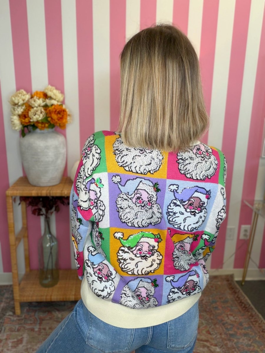 QOS Pastel Colorblock Santa Button Up Cardigan