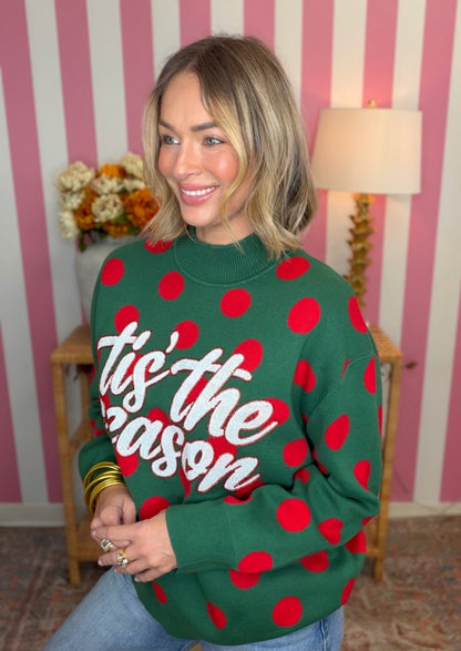 QOS Green & Red Polka Dot 'Tis the Season' Turtleneck Sweater