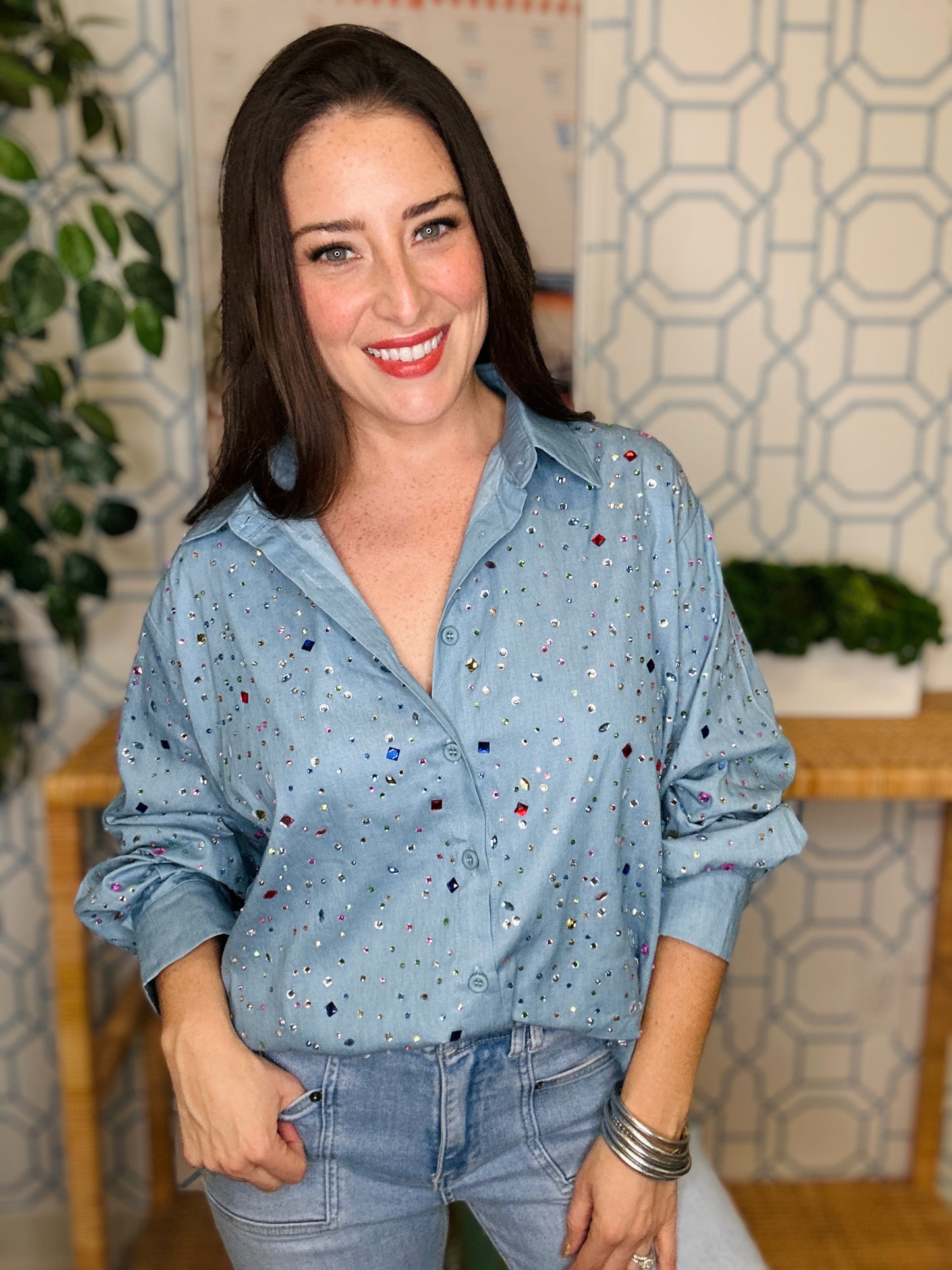 QOS Chambray Multi Rhinestone Button Up