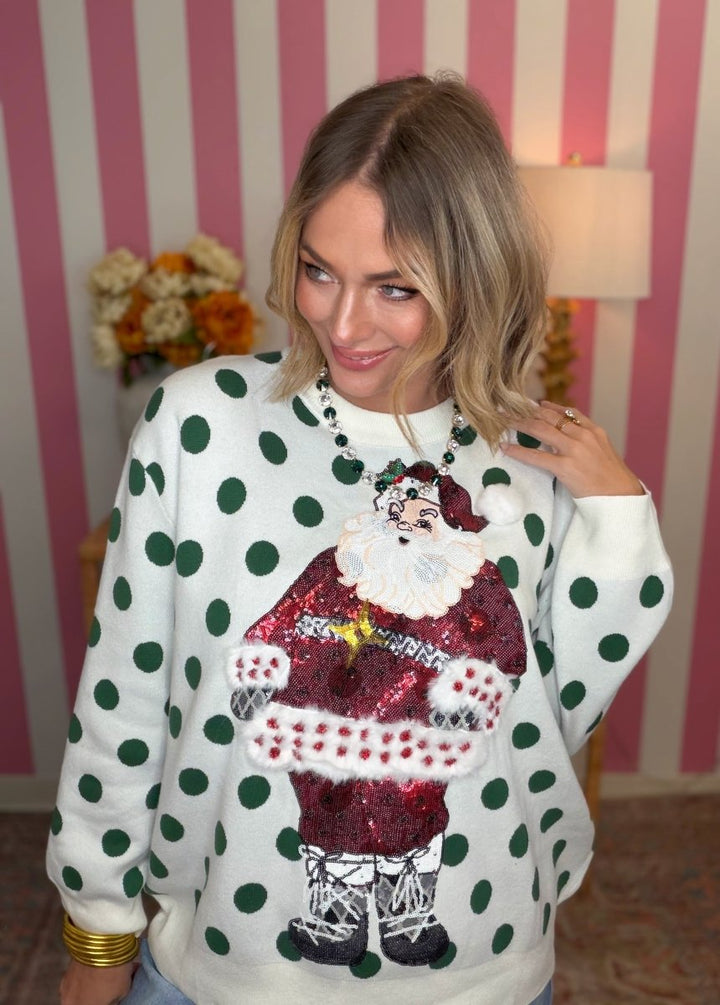 QOS White & Green Polka Dot Sequin Santa Sweater