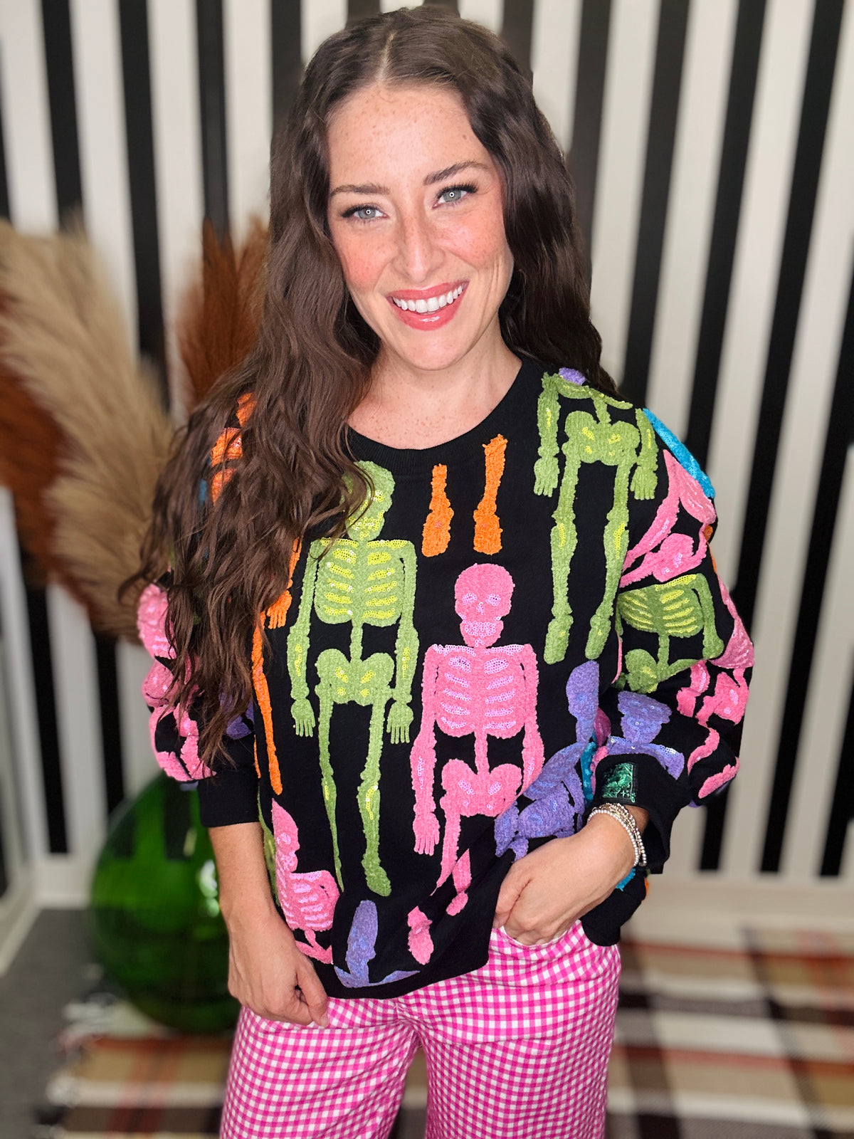 QOS Black Multi Fuzzy Skeleton Sweatshirt