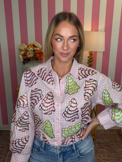 QOS Pink Gingham Christmas Tree Cookies Cotton Top